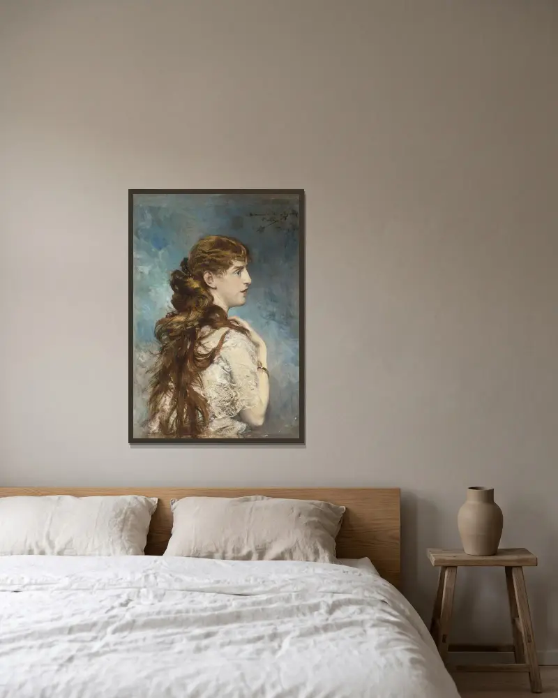 Porträtt av Harriet Valentine Crocker Alexander av Giovanni Boldini inramad på en vägg