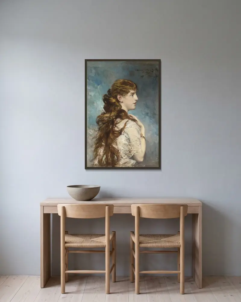 Porträtt av Harriet Valentine Crocker Alexander av Giovanni Boldini inramad på en vägg