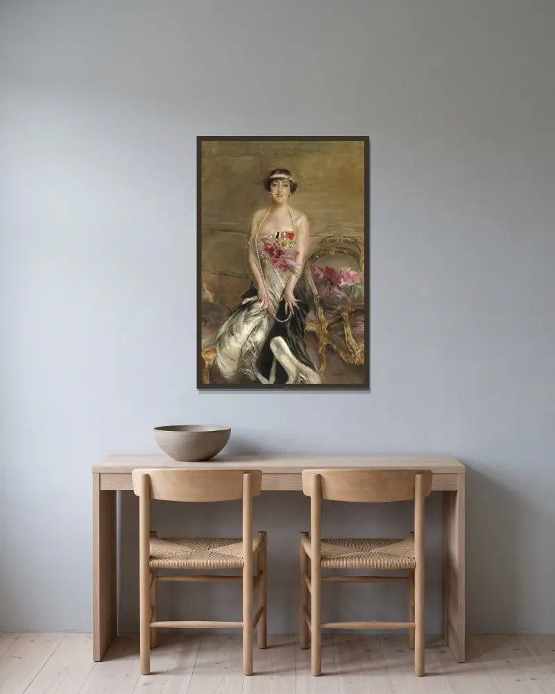 Porträtt av Lady Michelham av Giovanni Boldini inramad på en vägg