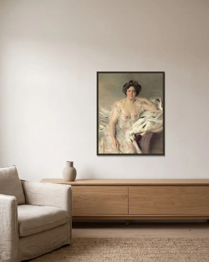Porträtt av Lady Nanne Schrader, född Wiborg av Giovanni Boldini inramad på en vägg
