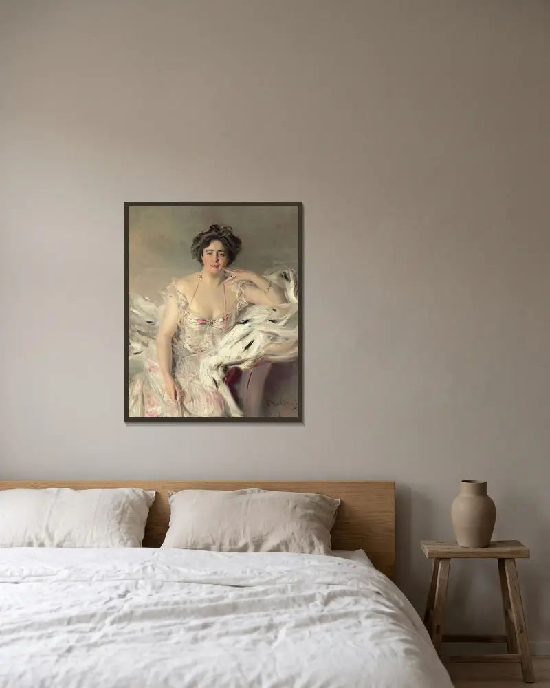Porträtt av Lady Nanne Schrader, född Wiborg av Giovanni Boldini inramad på en vägg