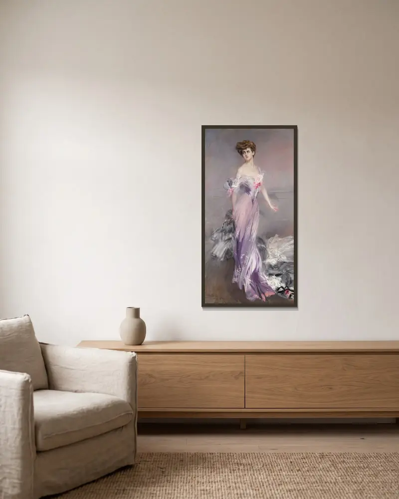 Porträtt av Mrs. Howard-Johnston av Giovanni Boldini inramad på en vägg