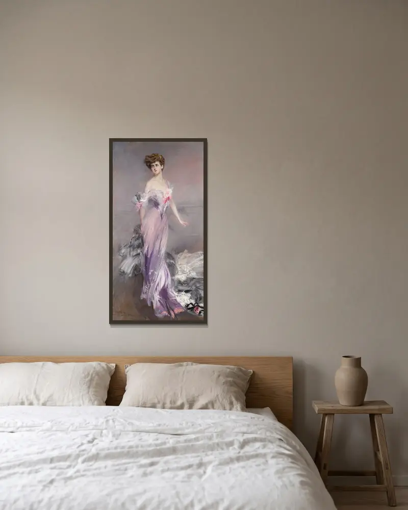 Porträtt av Mrs. Howard-Johnston av Giovanni Boldini inramad på en vägg