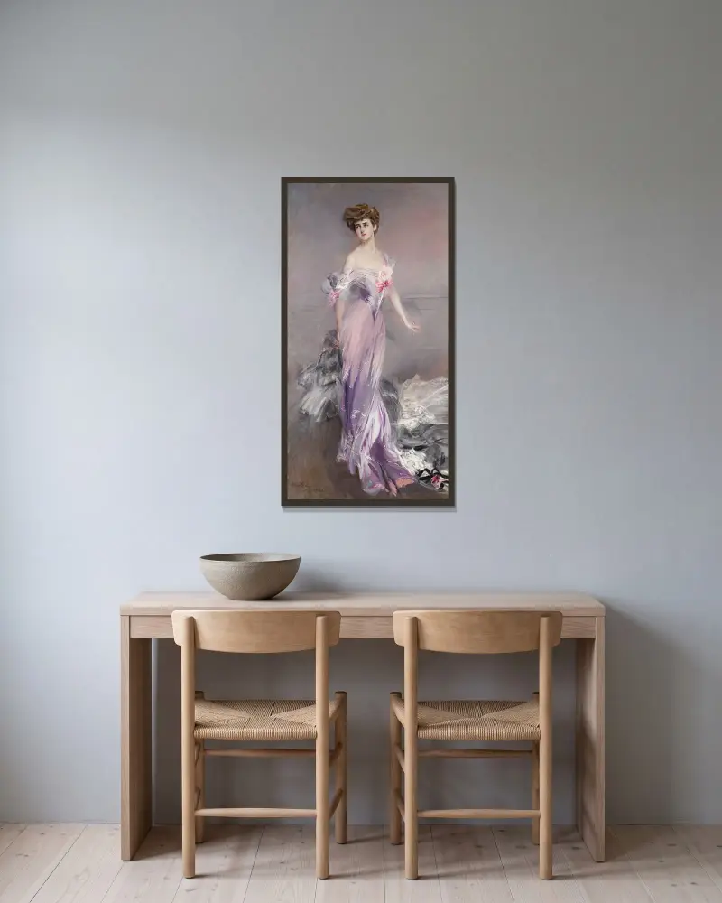 Porträtt av Mrs. Howard-Johnston av Giovanni Boldini inramad på en vägg