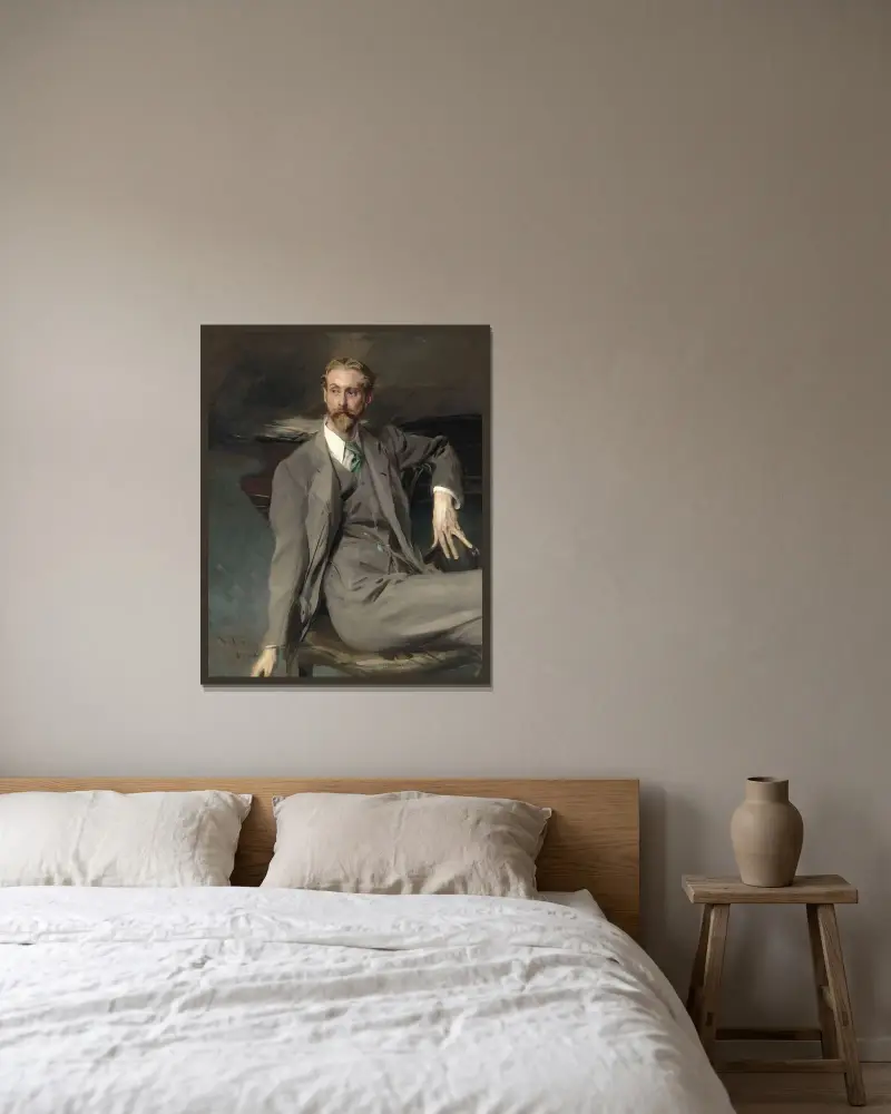 Porträtt av konstnären Lawrence Alexander ('Peter') Harrison av Giovanni Boldini inramad på en vägg