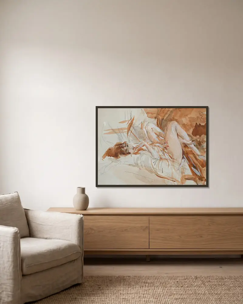 Liggande dam av Giovanni Boldini inramad på en vägg