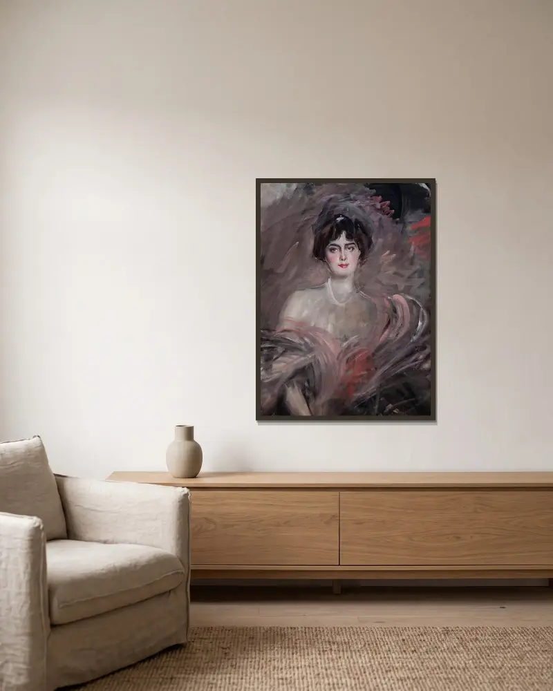 Porträtt av Mademoiselle Emilienne Le Roy av Giovanni Boldini inramad på en vägg