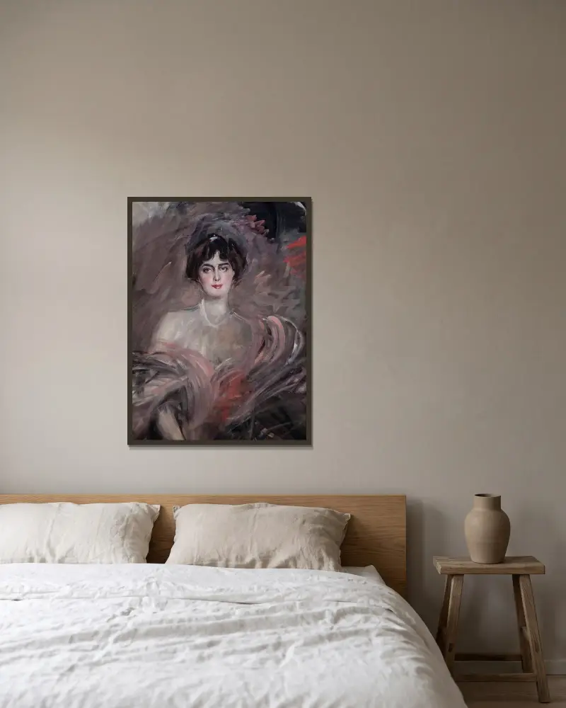 Porträtt av Mademoiselle Emilienne Le Roy av Giovanni Boldini inramad på en vägg