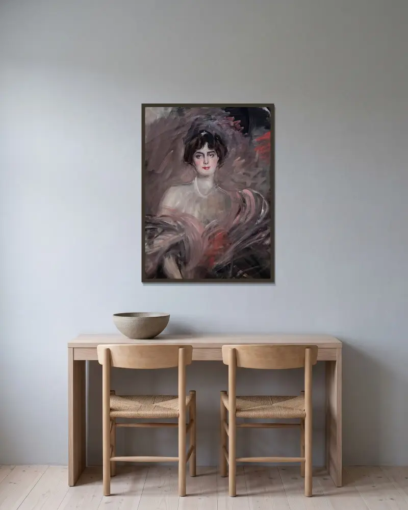 Porträtt av Mademoiselle Emilienne Le Roy av Giovanni Boldini inramad på en vägg