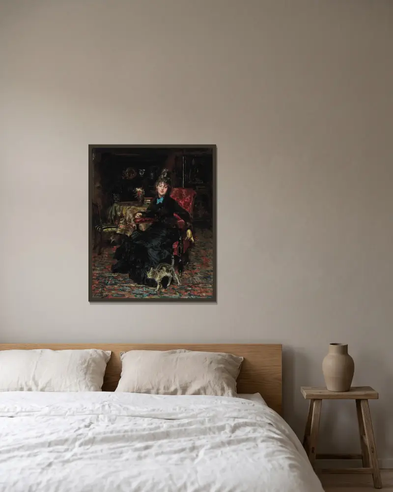 Sittande dam med katt av Giovanni Boldini inramad på en vägg