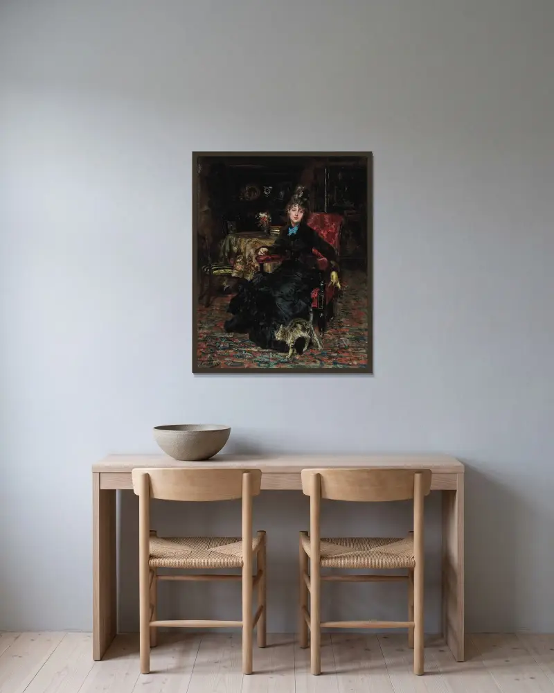 Sittande dam med katt av Giovanni Boldini inramad på en vägg