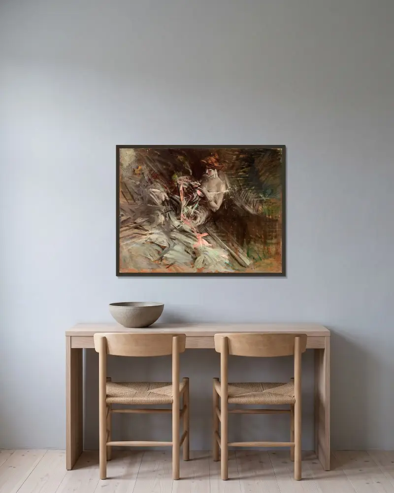Balklänningen (Interiör med ung flicka som syr) av Giovanni Boldini inramad på en vägg