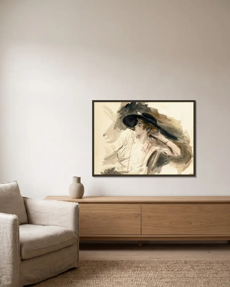Ung kvinna med stor hatt av Giovanni Boldini inramad på en vägg