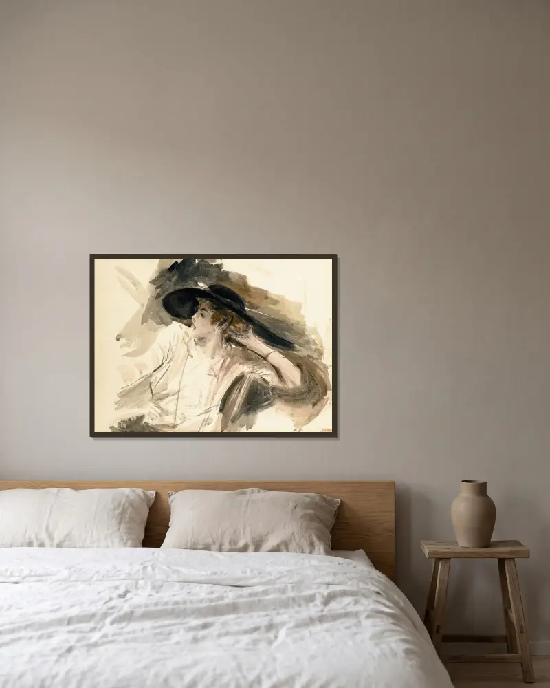 Ung kvinna med stor hatt av Giovanni Boldini inramad på en vägg