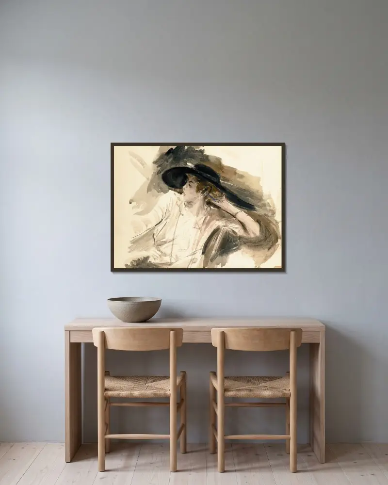 Ung kvinna med stor hatt av Giovanni Boldini inramad på en vägg