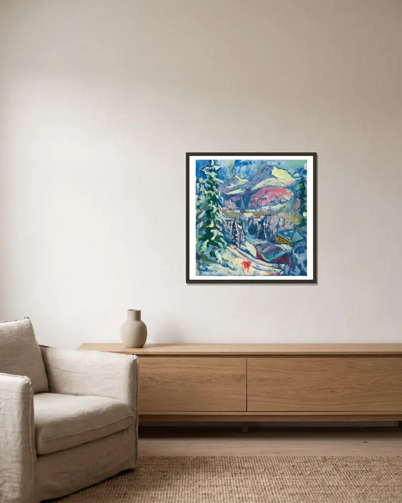 Davos im Winter von Giovanni Giacometti gerahmt an einer Wand