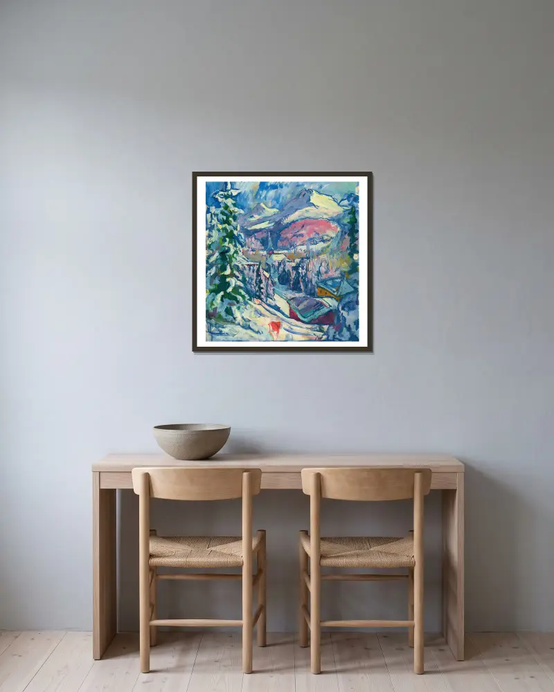 Davos im Winter von Giovanni Giacometti gerahmt an einer Wand