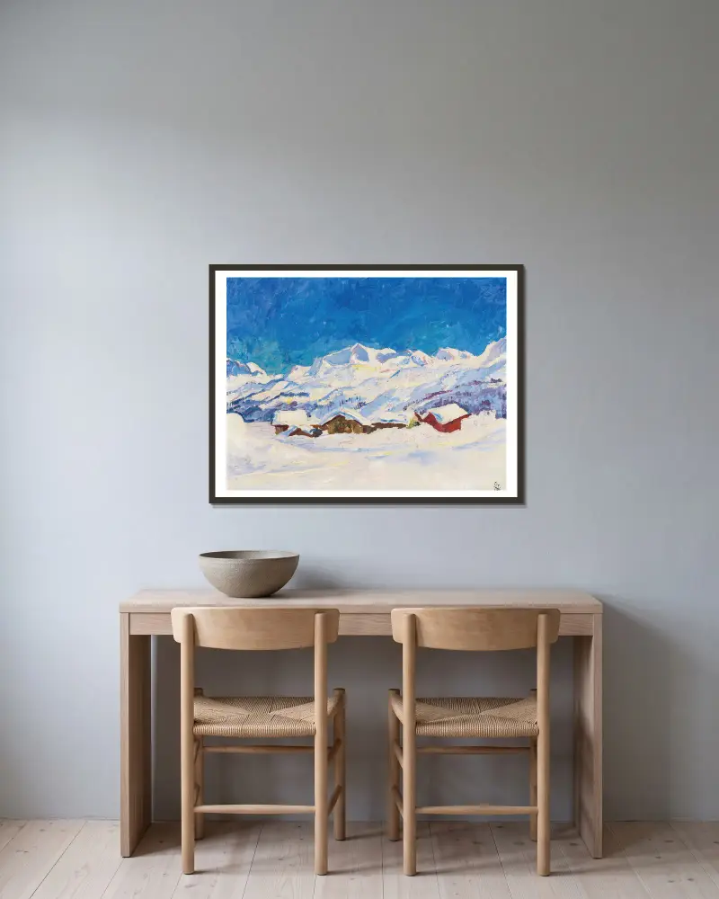 Vinterlandskap nära Maloja av Giovanni Giacometti inramad på en vägg
