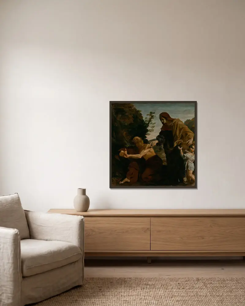 Elijah Receiving Bread from the Widow of Zarephath av Giovanni Lanfranco inramad på en vägg
