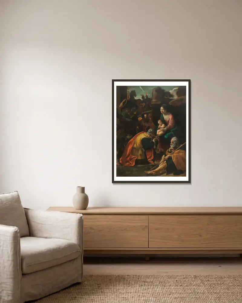 The Adoration of the Magi av Giovanni Lanfranco inramad på en vägg