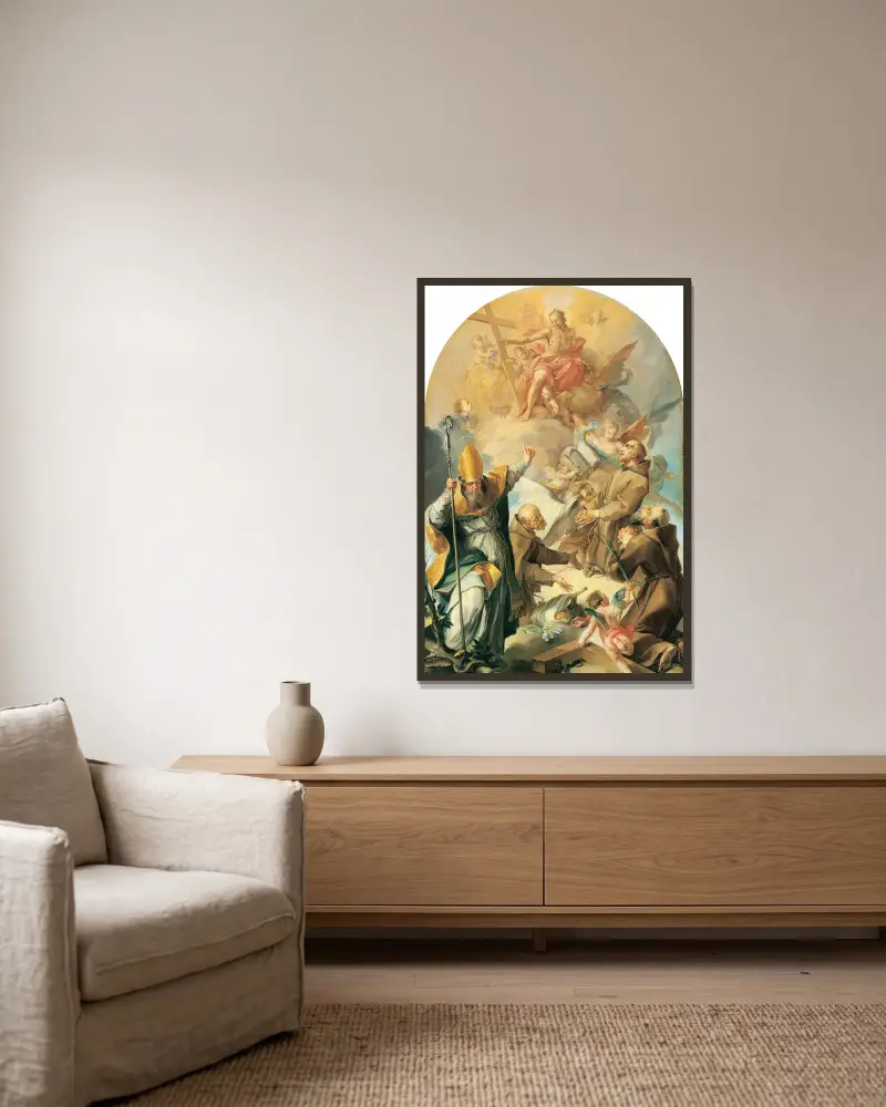Three Capuchin Saints and a Bishop Worshipping Christ and the Cross av Giovanni Lanfranco inramad på en vägg
