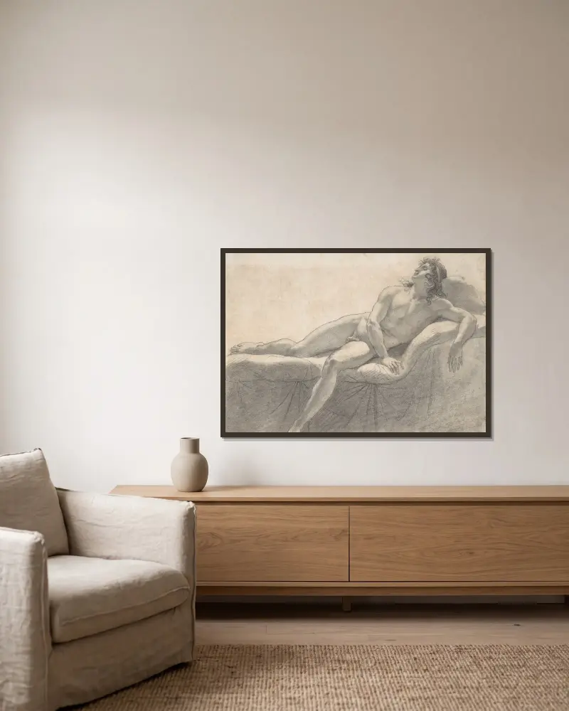 Male Nude Reclining on a Divan av Anne Louis Girodet-Trioson inramad på en vägg