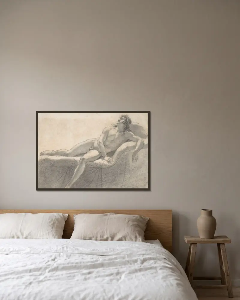 Male Nude Reclining on a Divan av Anne Louis Girodet-Trioson inramad på en vägg