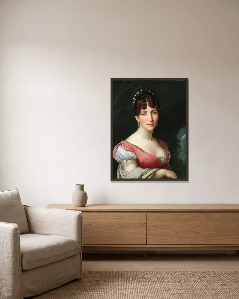 Portrait of Hortense de Beauharnais, Queen of Holland av Anne Louis Girodet-Trioson inramad på en vägg