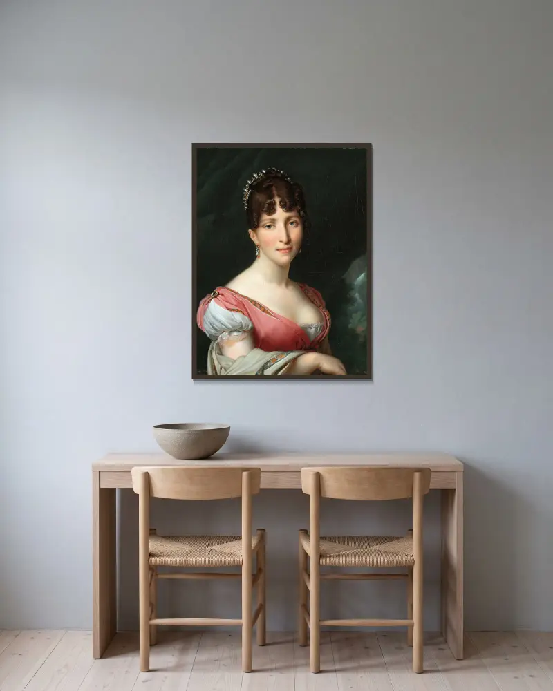 Portrait of Hortense de Beauharnais, Queen of Holland av Anne Louis Girodet-Trioson inramad på en vägg