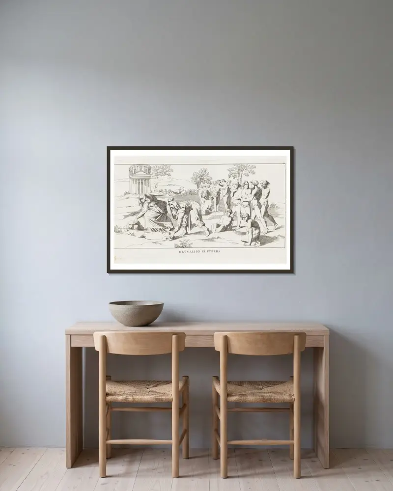 Deukalion und Pyrrha von Giulio Romano gerahmt an einer Wand