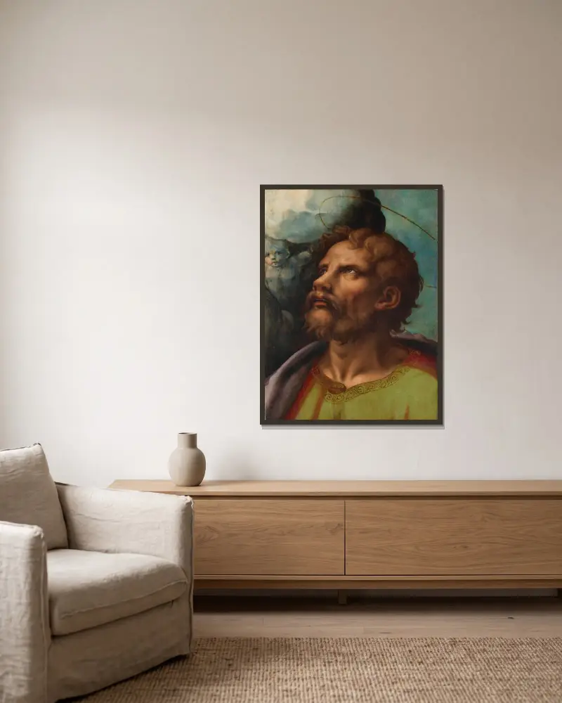 Ett helgonhuvud av Giulio Romano inramad på en vägg