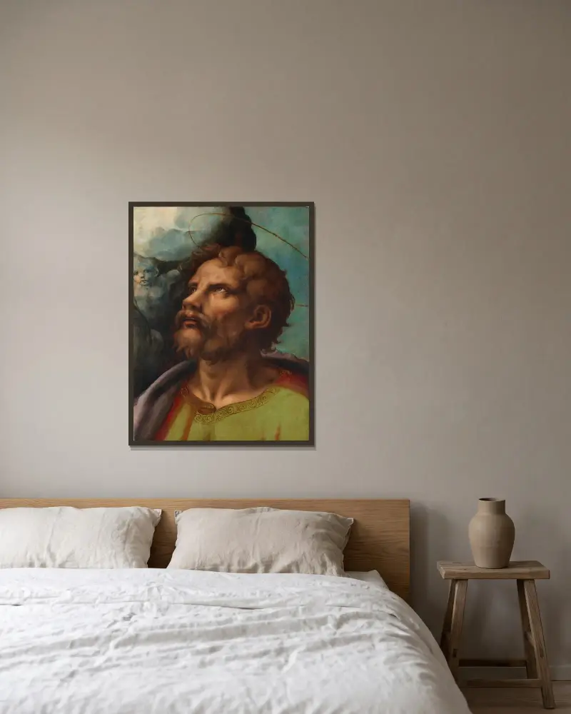 Ett helgonhuvud av Giulio Romano inramad på en vägg