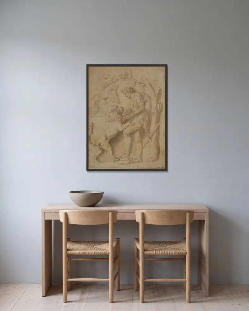 Hyrde fjerner en torn fra en løves pote Studie til en af stucco reliefferne i Giardino della Grotta, Palazzo Tè, Mantua av Giulio Romano inramad på en vägg