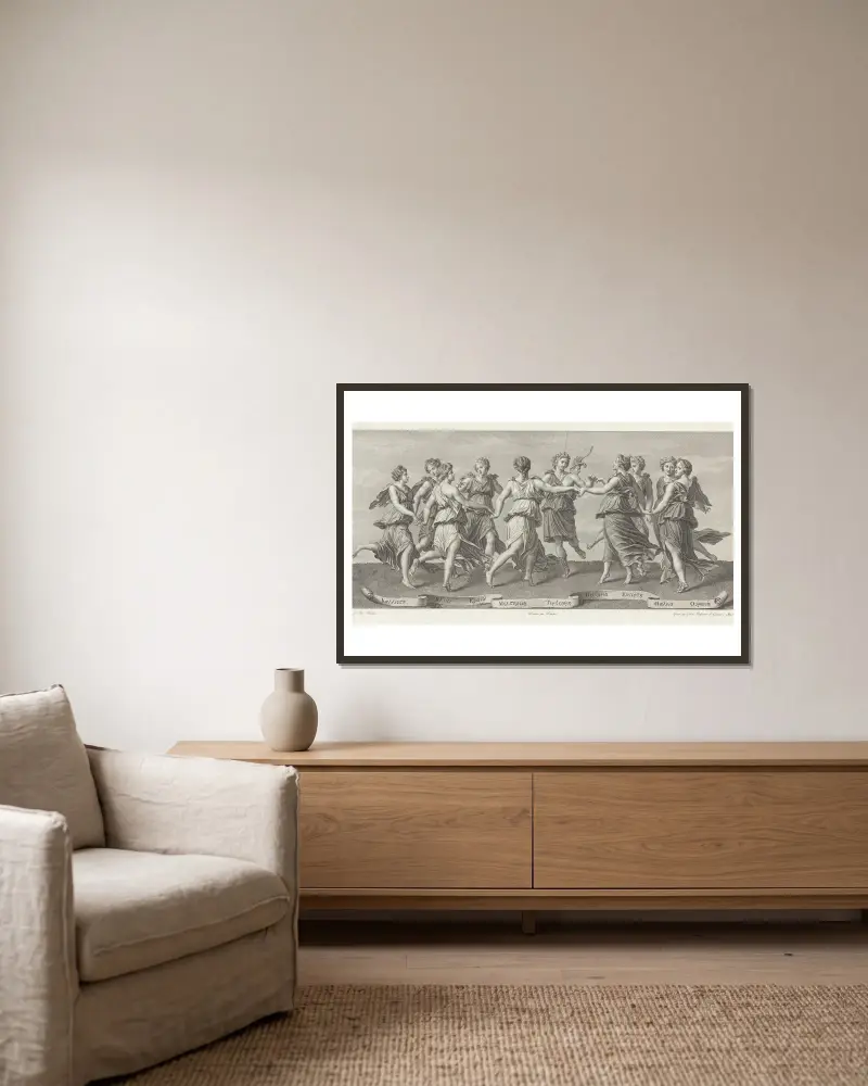Der Tanz der Musen von Giulio Romano gerahmt an einer Wand