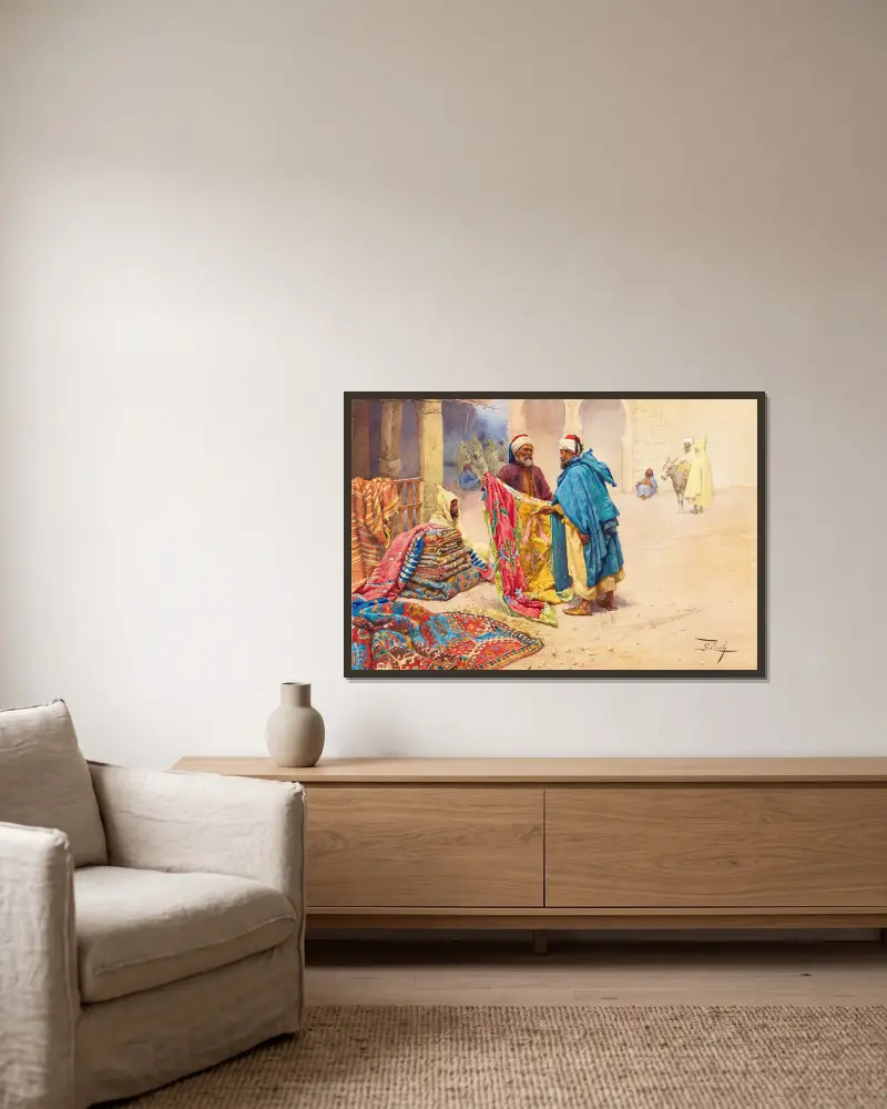 Der Teppichhändler von Giulio Rosati gerahmt an einer Wand