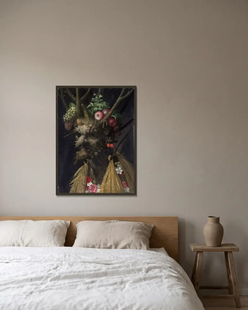 Vier Jahreszeiten in einem Kopf von Giuseppe Arcimboldo gerahmt an einer Wand