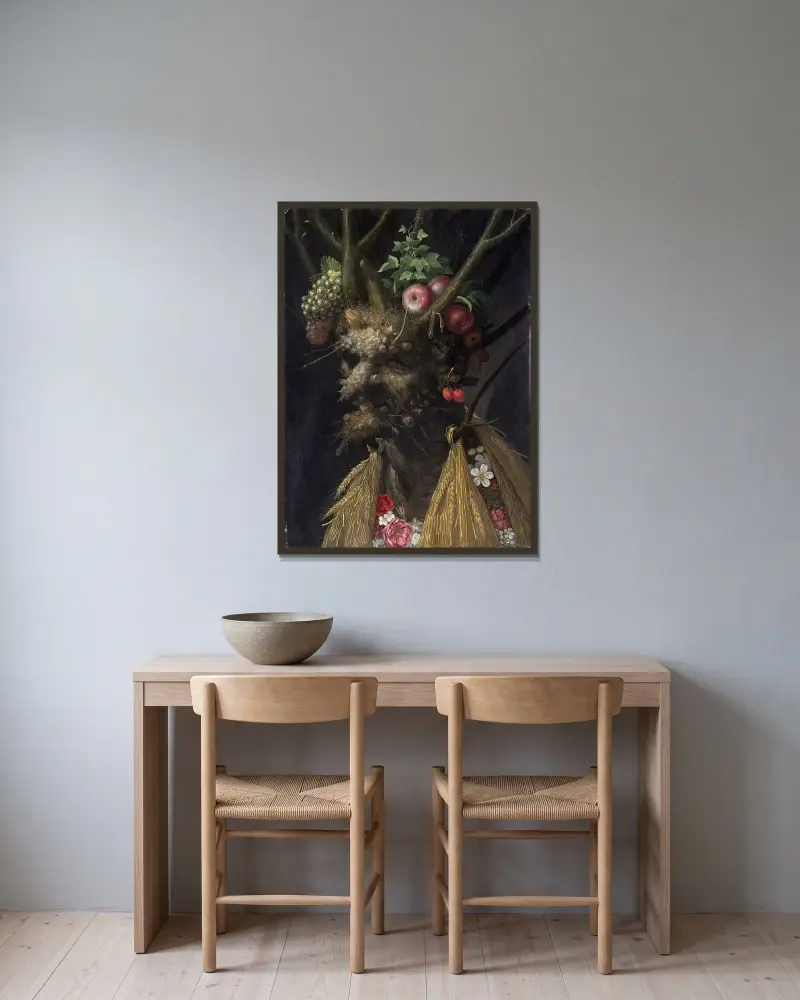 Vier Jahreszeiten in einem Kopf von Giuseppe Arcimboldo gerahmt an einer Wand