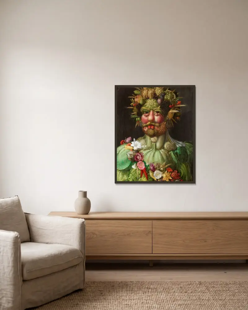 Rudolf II. von Habsburg oder Vertumnus von Giuseppe Arcimboldo gerahmt an einer Wand