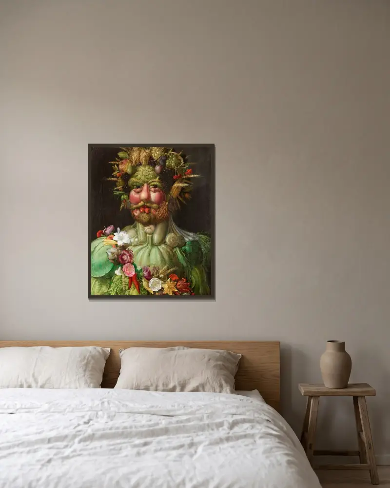 Rudolf II. von Habsburg oder Vertumnus von Giuseppe Arcimboldo gerahmt an einer Wand
