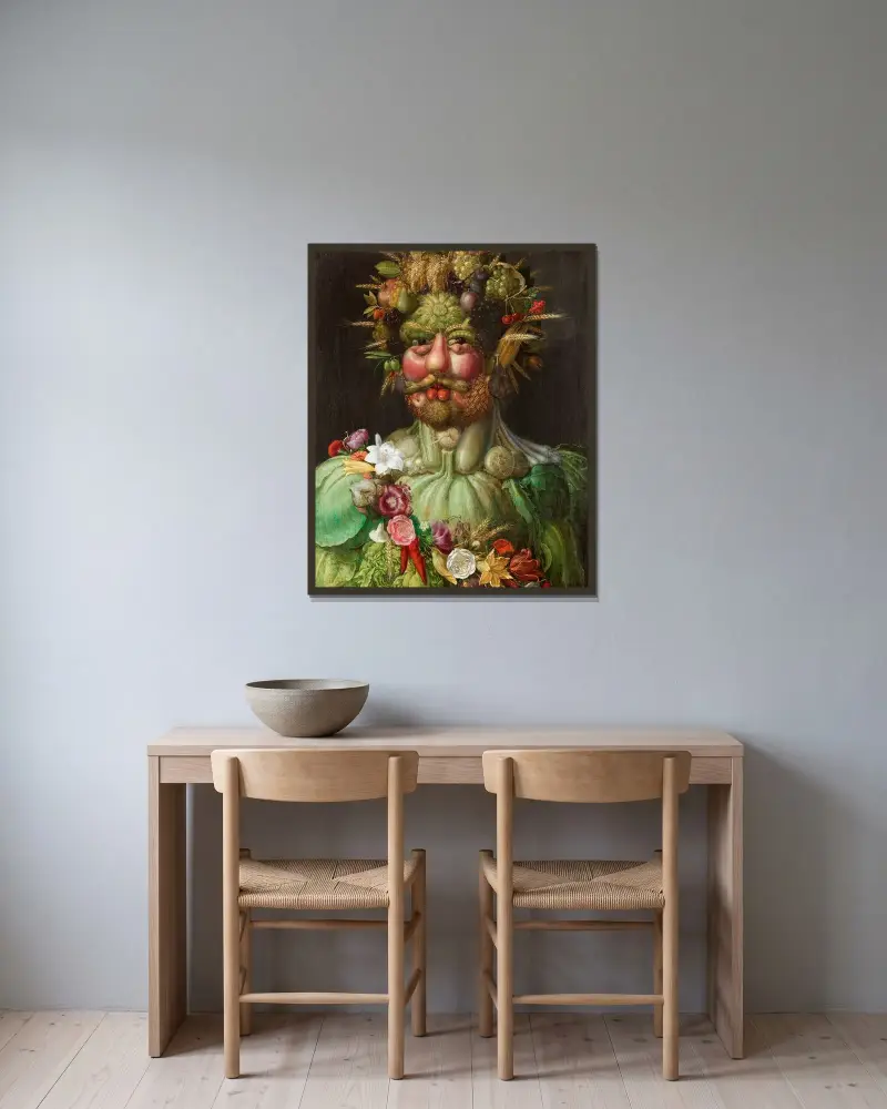 Rudolf II. von Habsburg oder Vertumnus von Giuseppe Arcimboldo gerahmt an einer Wand