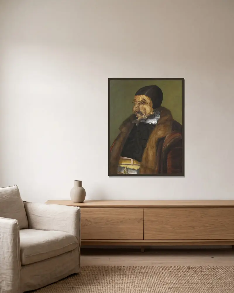 Der Jurist von Giuseppe Arcimboldo gerahmt an einer Wand