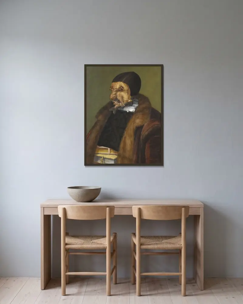 Der Jurist von Giuseppe Arcimboldo gerahmt an einer Wand