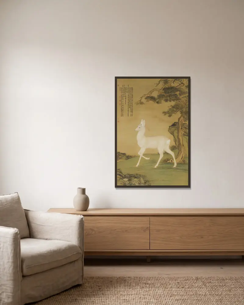 Auspicious Roe Deer av Giuseppe Castiglione inramad på en vägg