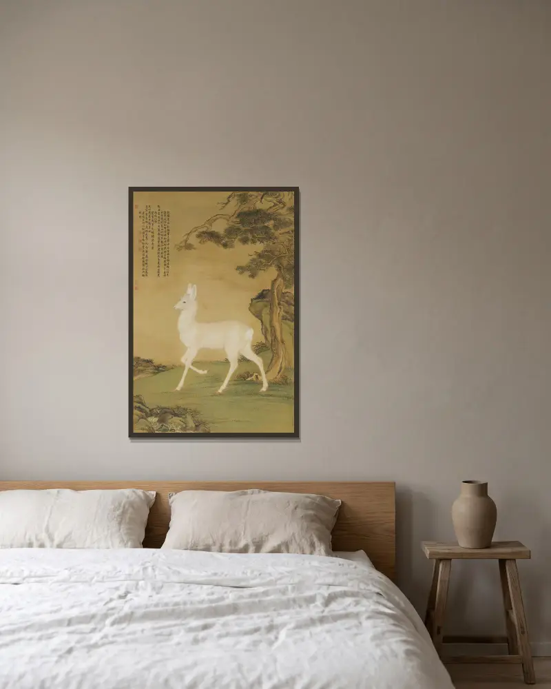 Auspicious Roe Deer av Giuseppe Castiglione inramad på en vägg
