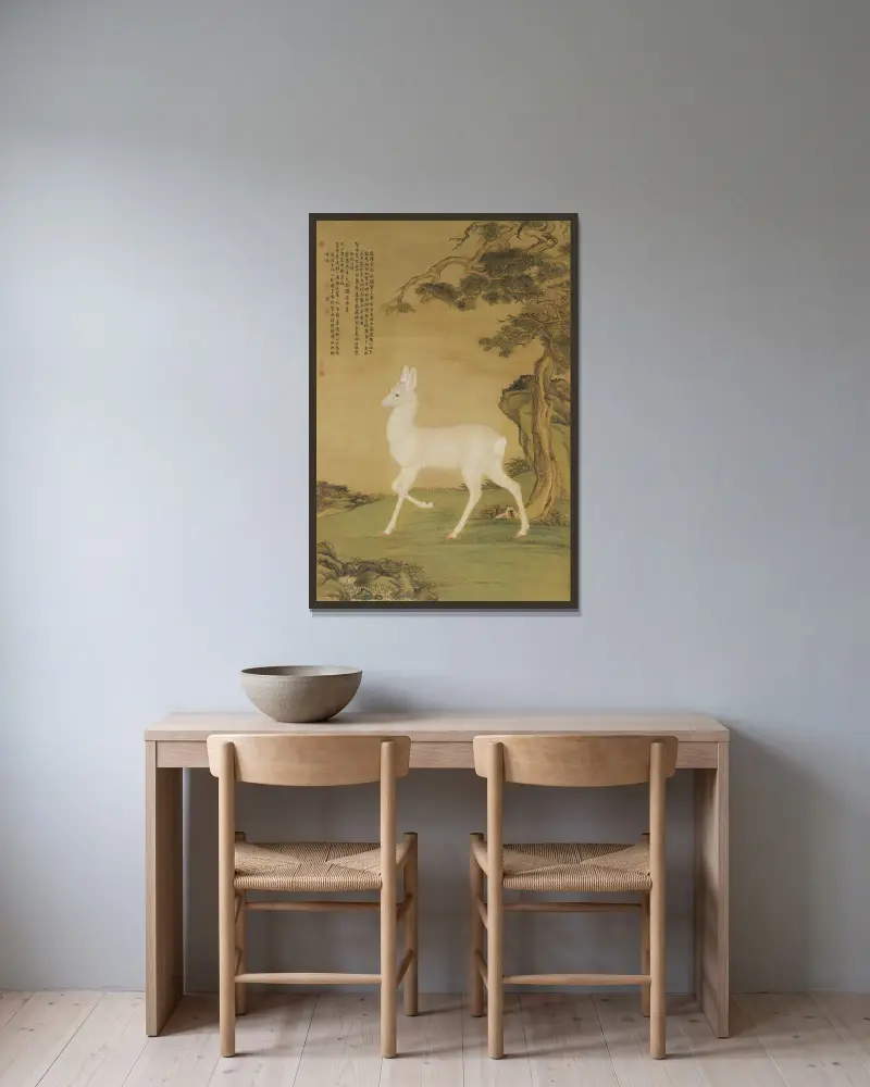Auspicious Roe Deer av Giuseppe Castiglione inramad på en vägg