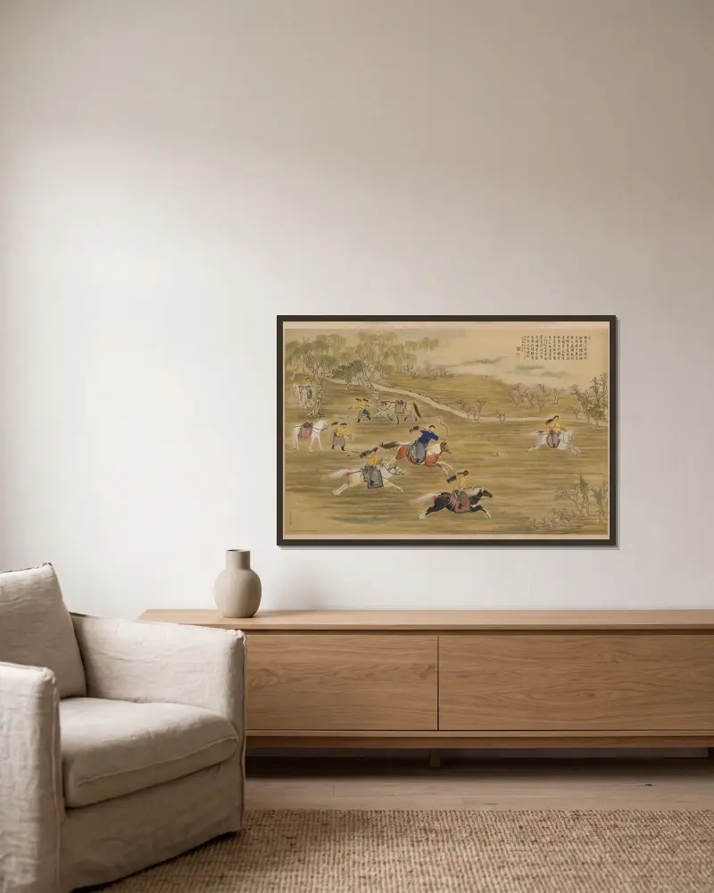 Emperor Qianlong hunting av Giuseppe Castiglione inramad på en vägg