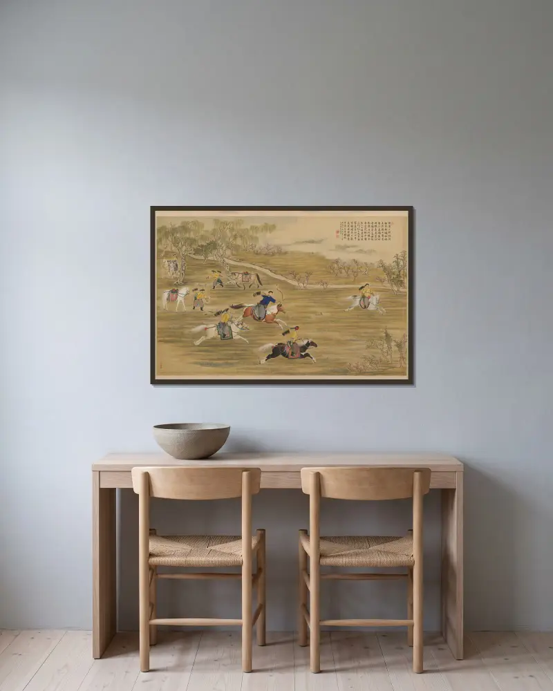 Emperor Qianlong hunting av Giuseppe Castiglione inramad på en vägg