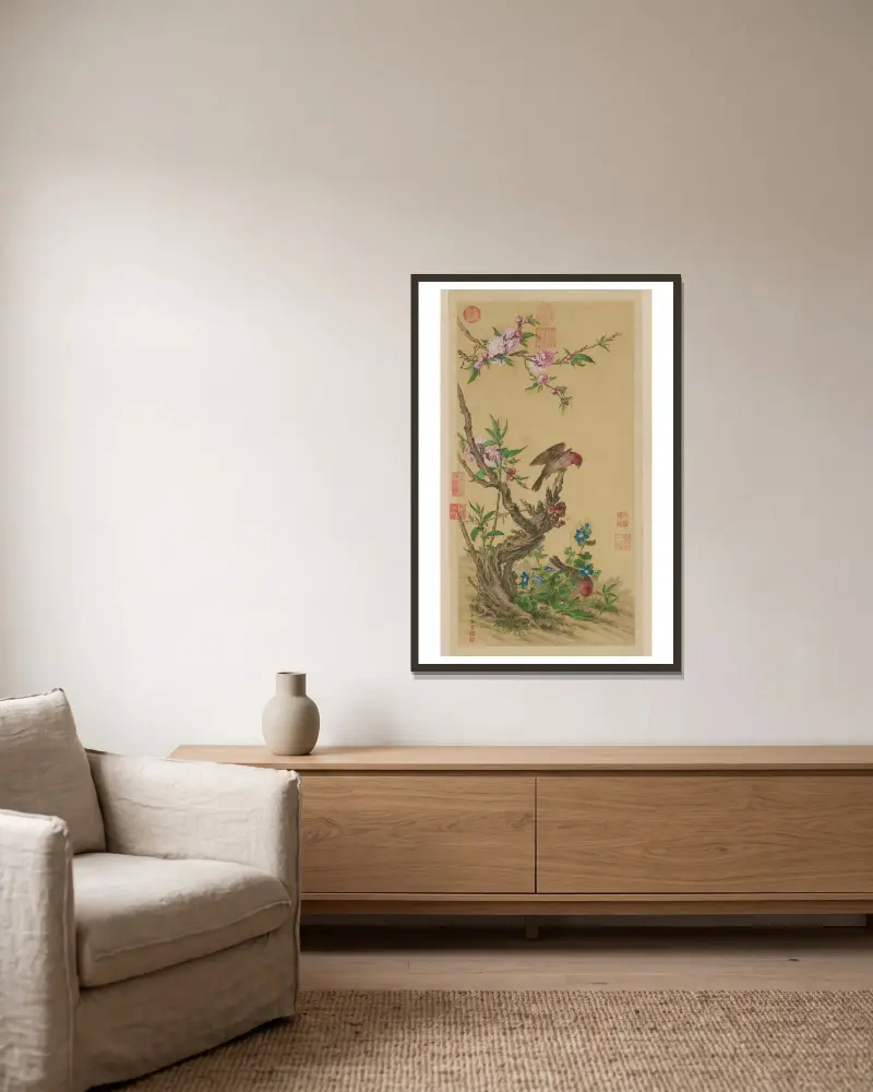 Flower and Bird Scroll av Giuseppe Castiglione inramad på en vägg