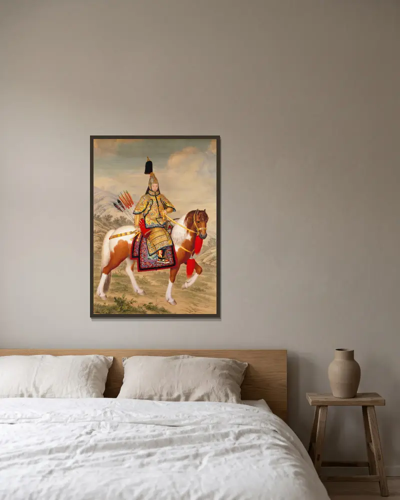 The Qianlong Emperor in Ceremonial Armour on Horseback av Giuseppe Castiglione inramad på en vägg