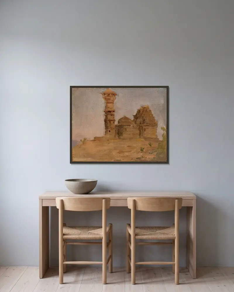 Övergivet antikt tempel i Chittorgarh. Från resan till Indien av Jan Ciągliński inramad på en vägg